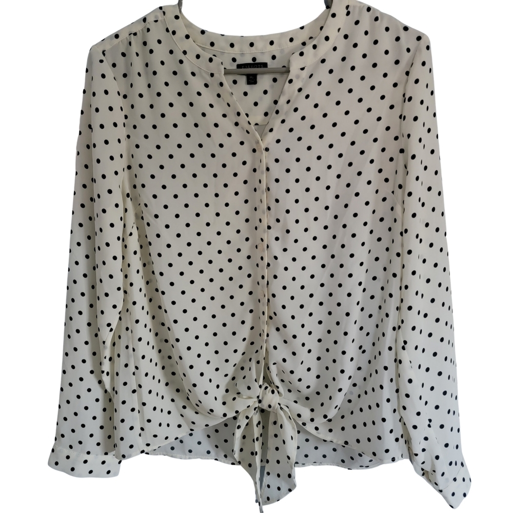 Talbots Polka Dot  Buff/Off White & Navy Blue Tie Top Size MP